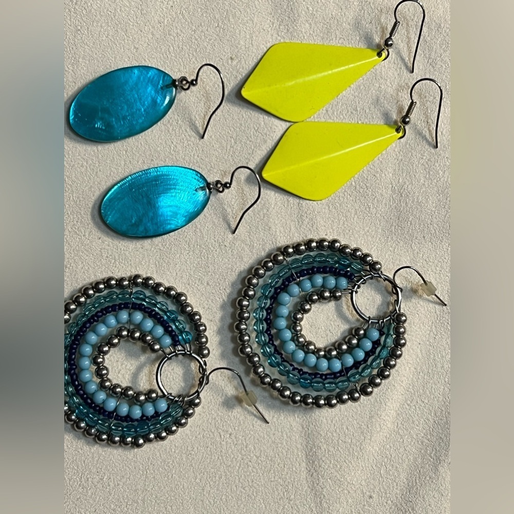 Yellow, turquoise, and silver and turquoise beaded fishhook earrings.